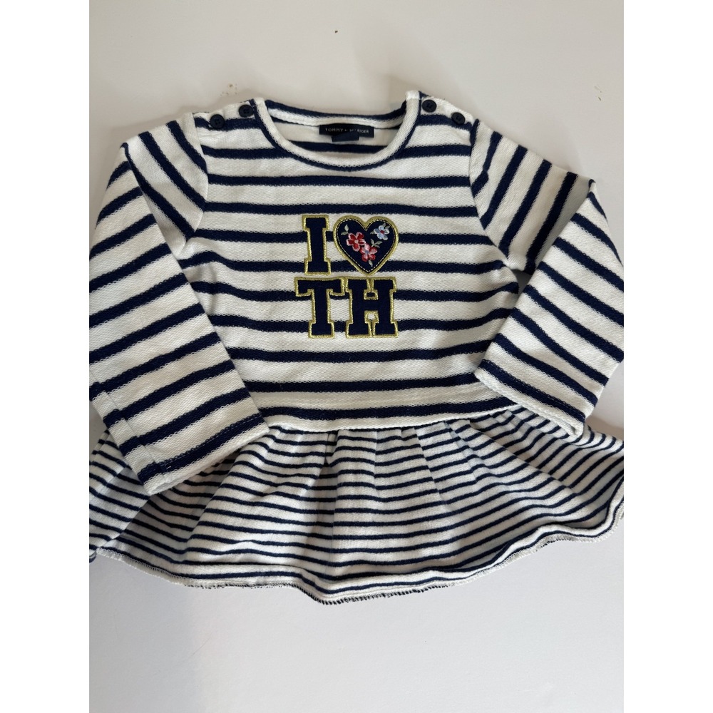 Tommy Hilfiger Baby Dress 12M Navy White Striped Long Sleeve Heart Logo‎ Cotton